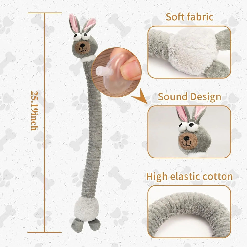 Brown, grey, and yellow foldable plush dog toy with squeaker and crinkle material.