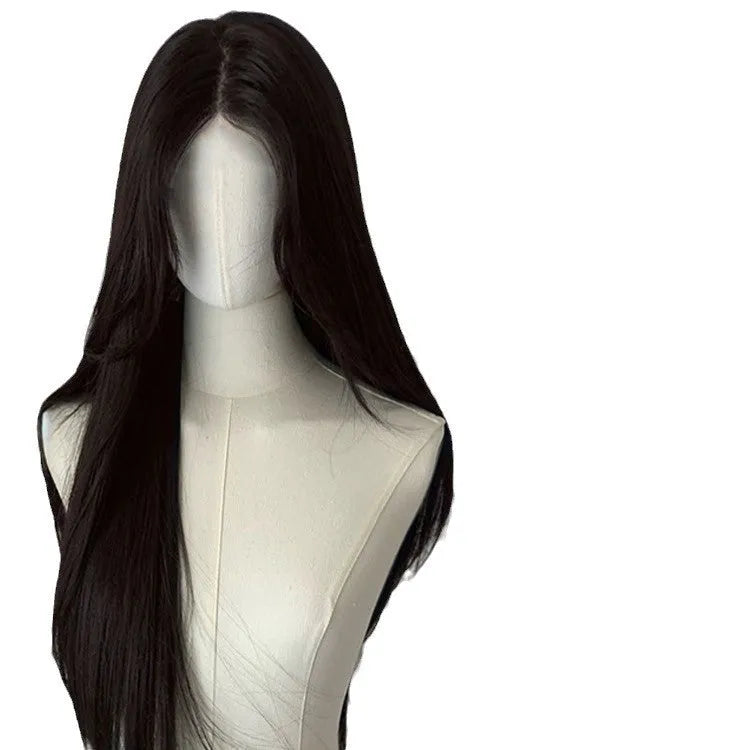 Forehead lace long straight wig with side bangs in high temperature fibre material