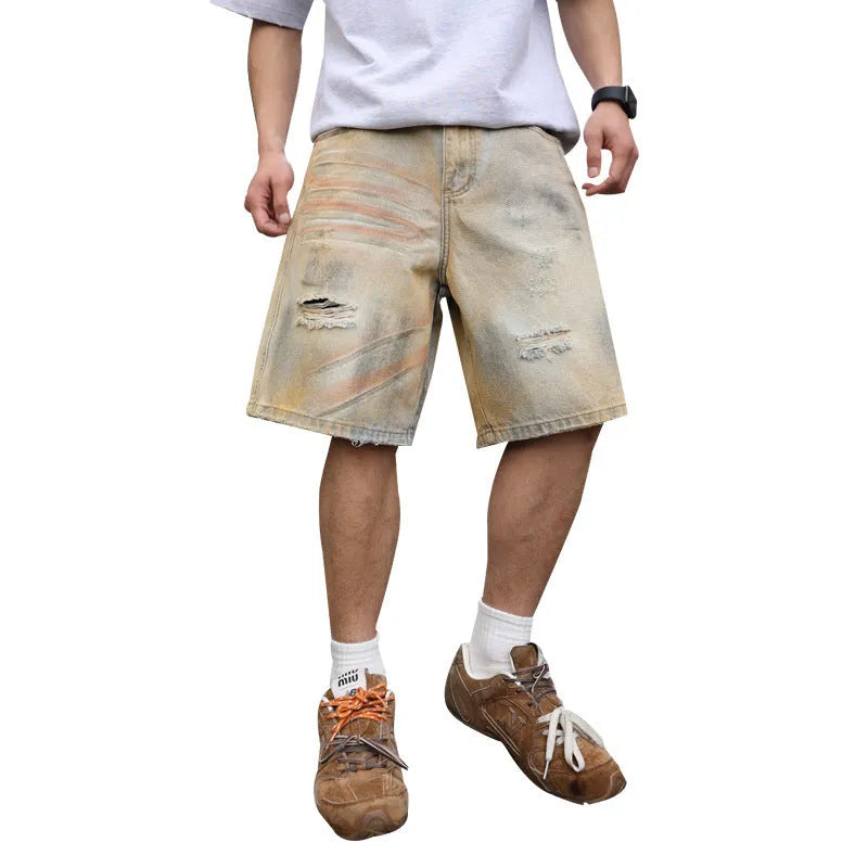 Light blue men's denim shorts with ripped details and a straight-leg fit