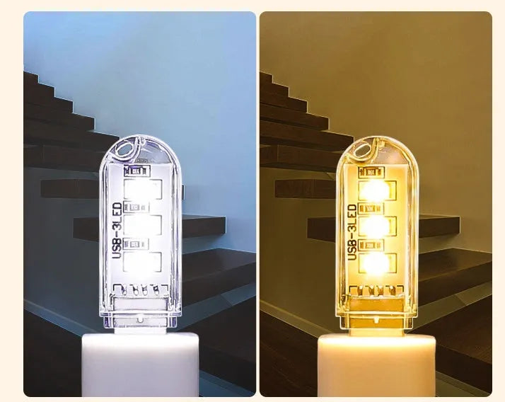 Small white USB-powered LED night light showing warm and white light options