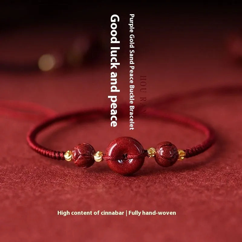 Cinnabar heart charm bracelet with adjustable red rope and traditional safety buckle in multiple colour options