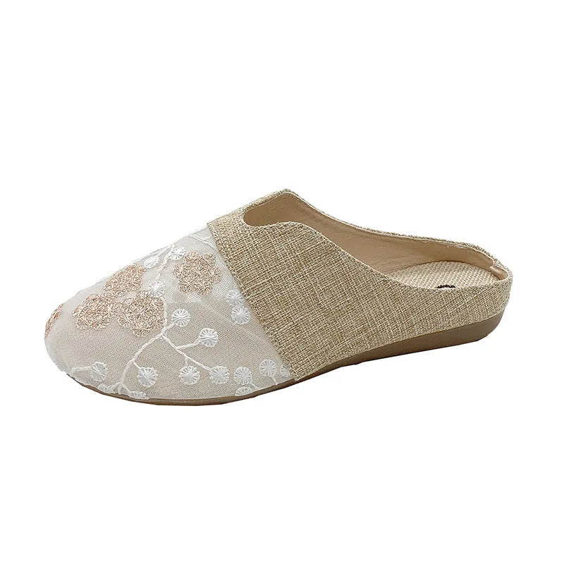 Gold low heel flat slip-on sandals with mesh upper and hollow toe box