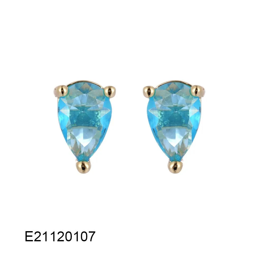 A pair of brass gold-plated drop earrings with a candy-coloured pear-shaped zircon stone.