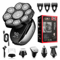 Black rechargeable hair clipper and shaver set with six attachments including trimming combs on a white background.