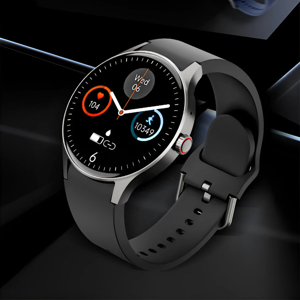 Smart Bluetooth sport watch with round screen shown in black, blue, pink, and red colour options.
