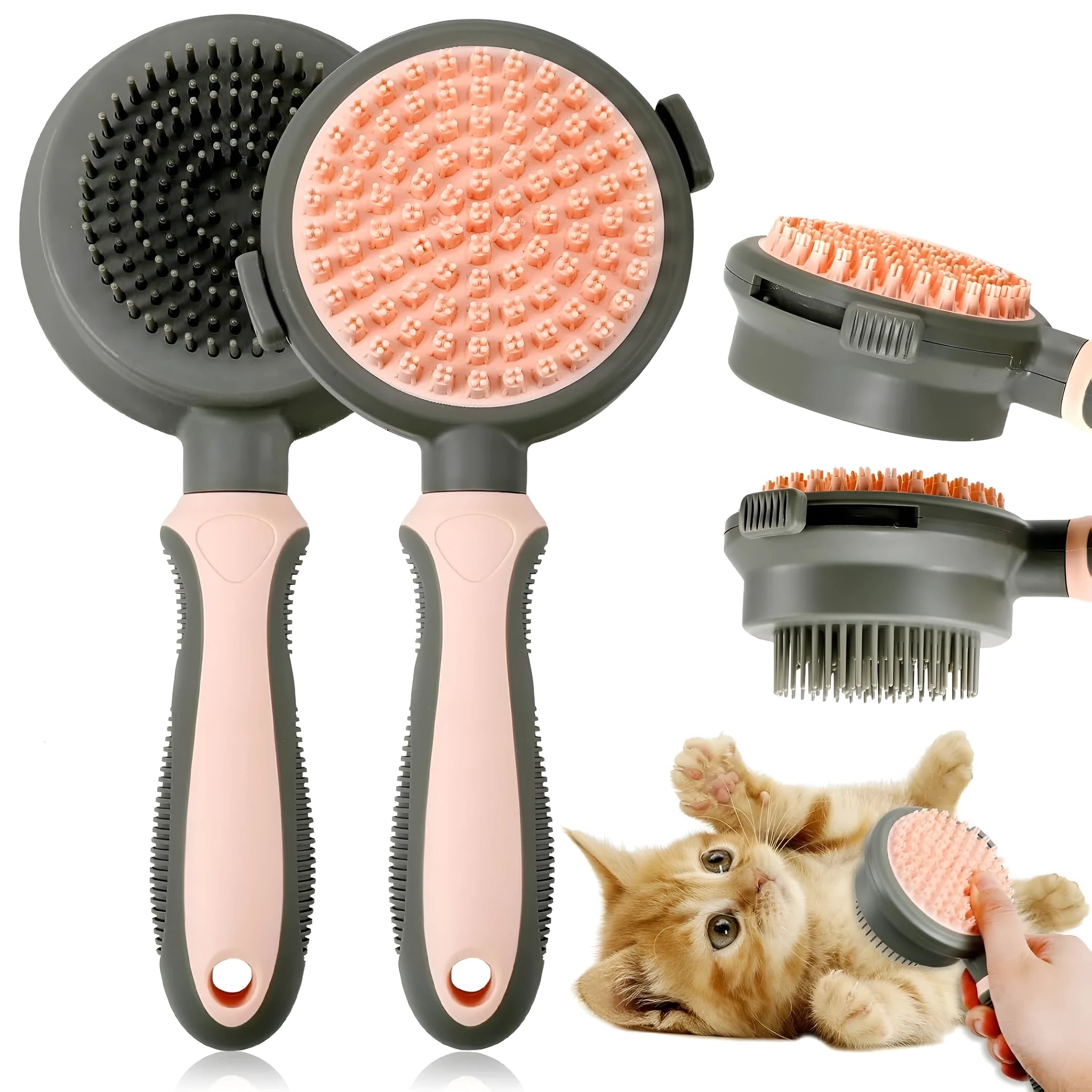 Green and pink double sided cat brush with release button showing brush and flea comb sides