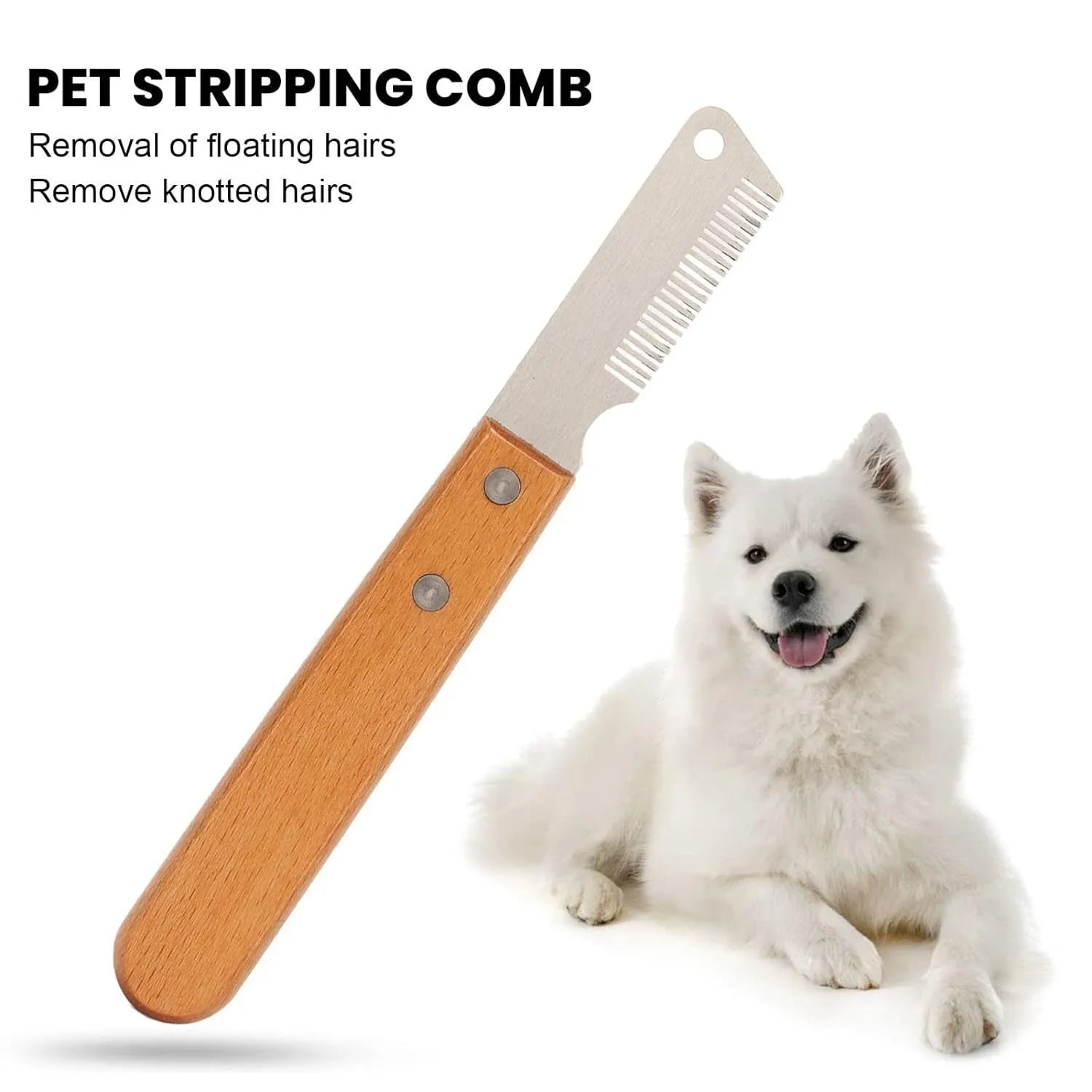 Wooden handle pet stripping comb with metal fittings for grooming cats and dogs