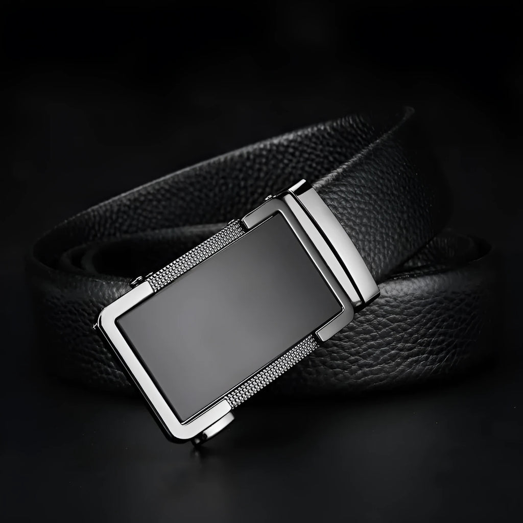 Men's leather belt with an automatic alloy buckle in gun black, silver, or gold colour.