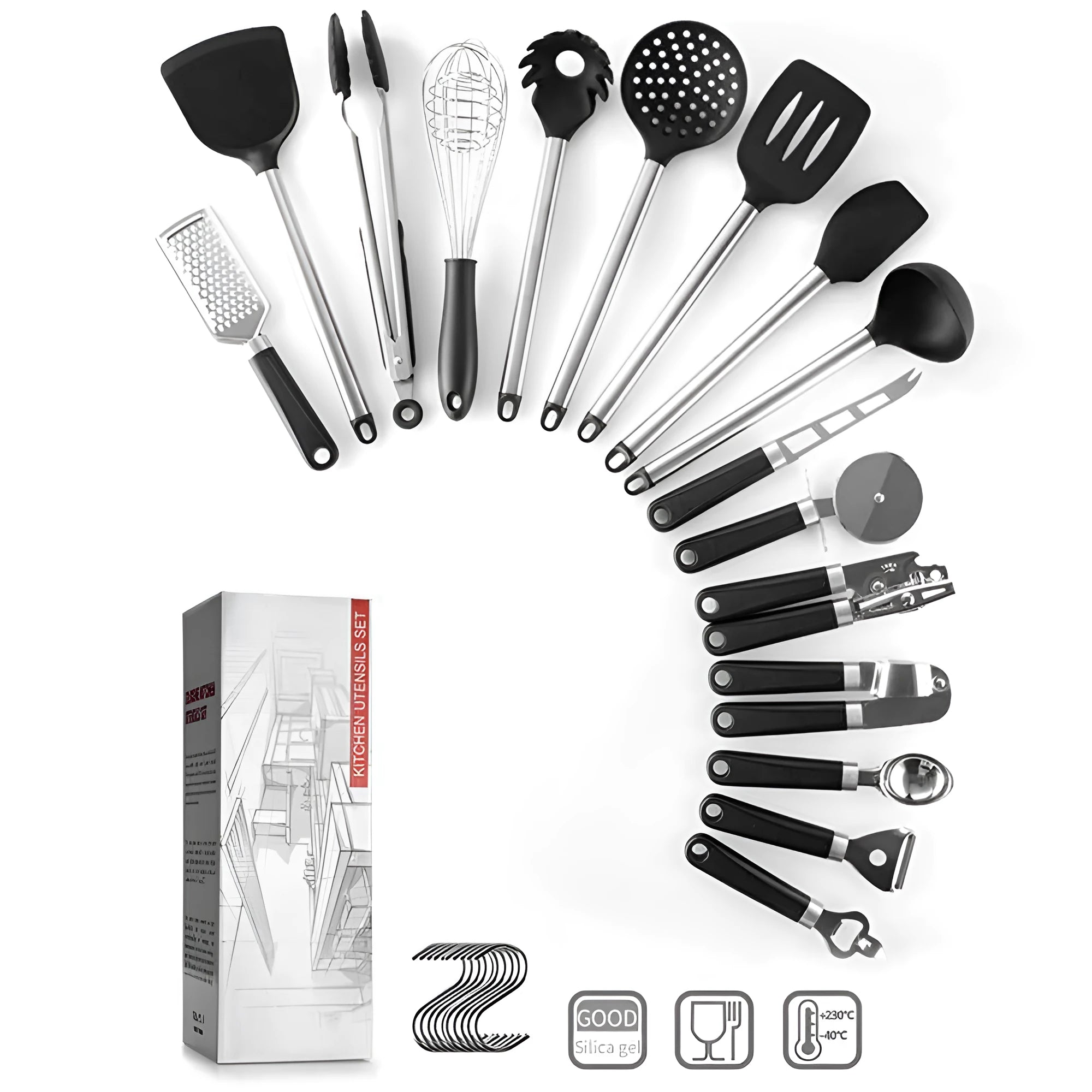 Black kitchen spatula and spoon set with stainless steel handles and silicone heads
