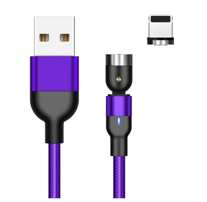 Essager black magnetic USB cable with 360-degree rotating head and blue LED light, shown with Micro USB, Lightning, and Type C tips.