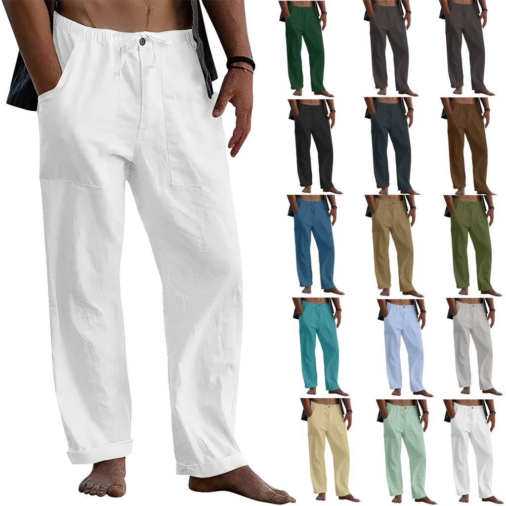 Men's cotton drawstring loose casual trousers in solid colour, available in multiple colours and sizes S to 5XL