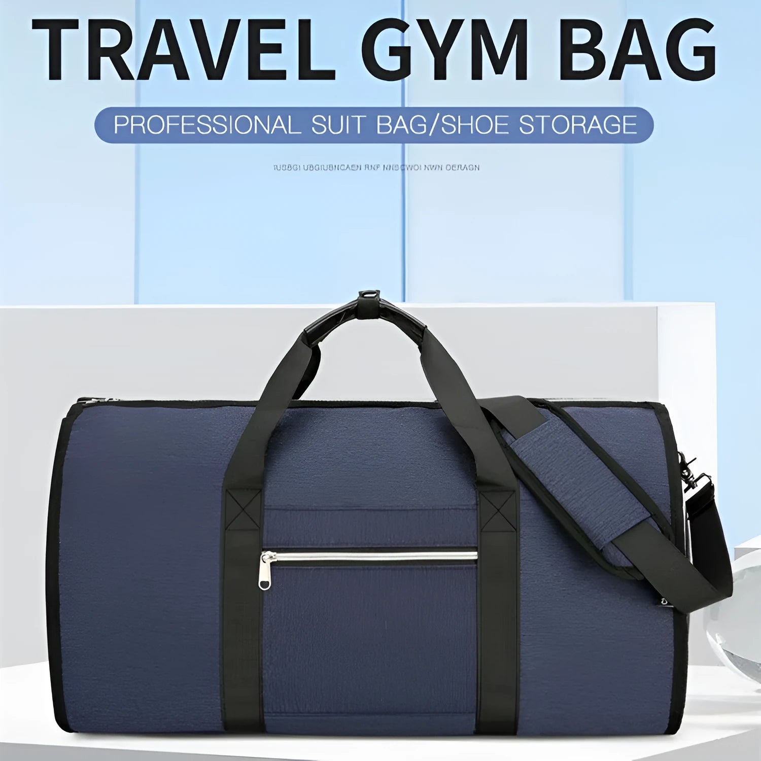 Oxford cloth sports storage bag in black with dry wet separation compartment and waterproof lining.