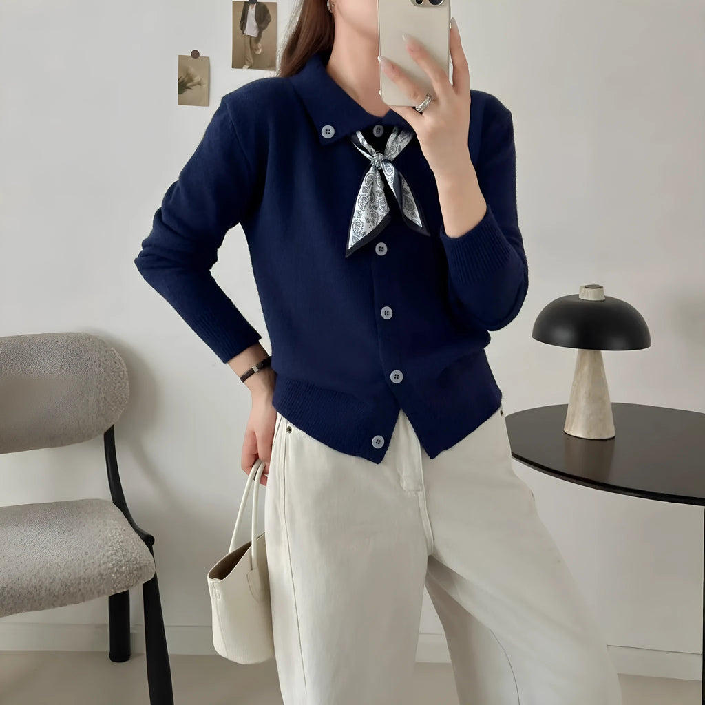 Lapel scarf sweater cardigan in acrylic knit, shown in milky white with splicing detail and long sleeves.