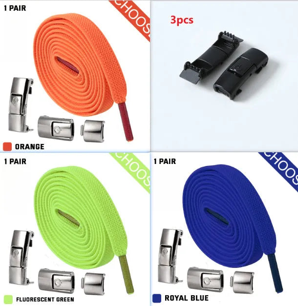 Set of press lock elastic no-tie shoelaces in 8mm widened flat design on a white background.