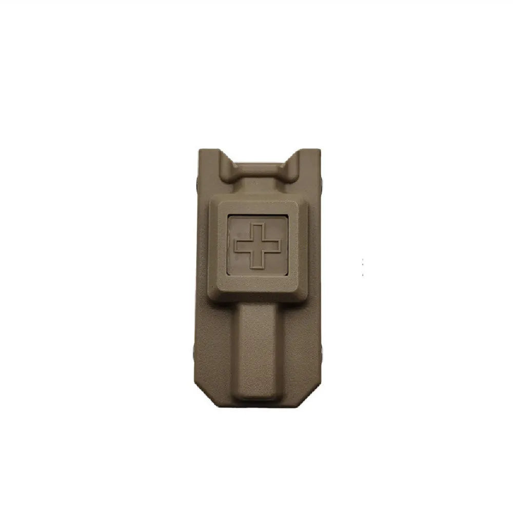 A plastic tourniquet storage box in army green colour, shown closed.