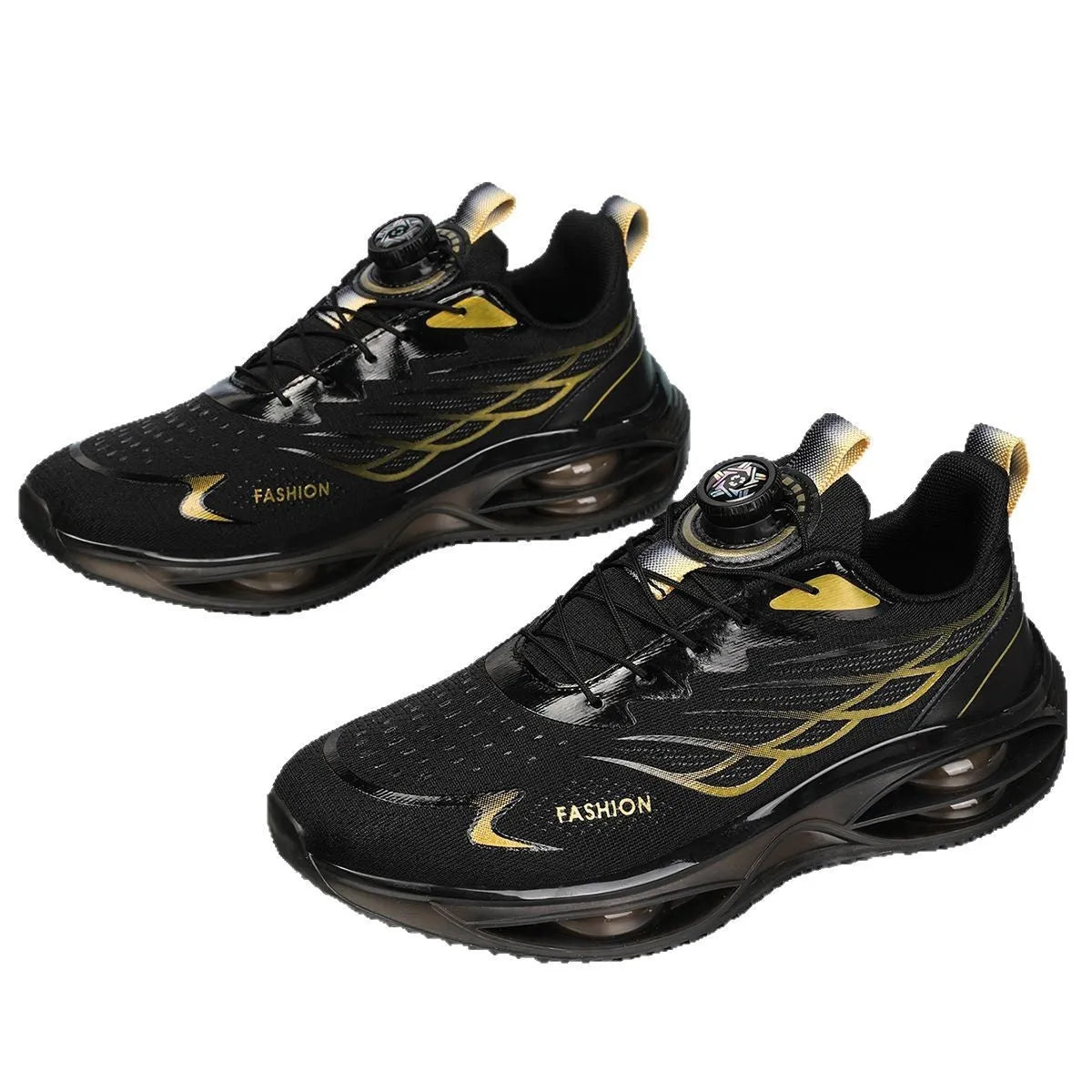 Low-top casual running shoes in sky blue, black gold, or white with PU mesh upper and rubber sole.