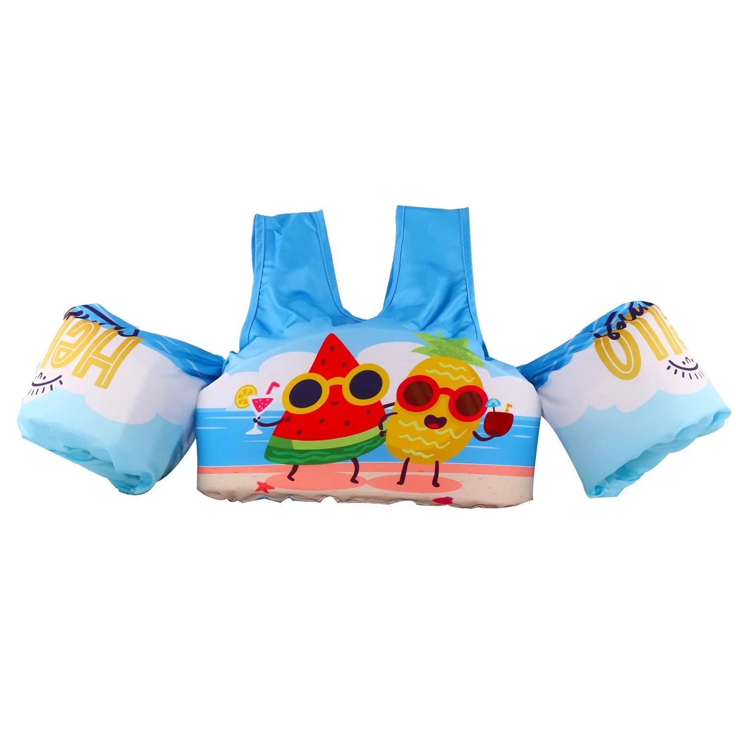 Cartoon design children's swimming arm bands in various colourful patterns including watermelon pineapple and blue crab