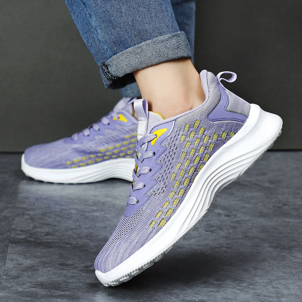 Women's Lavender Purple Flyknit running shoes with striped mesh design and EVA sole