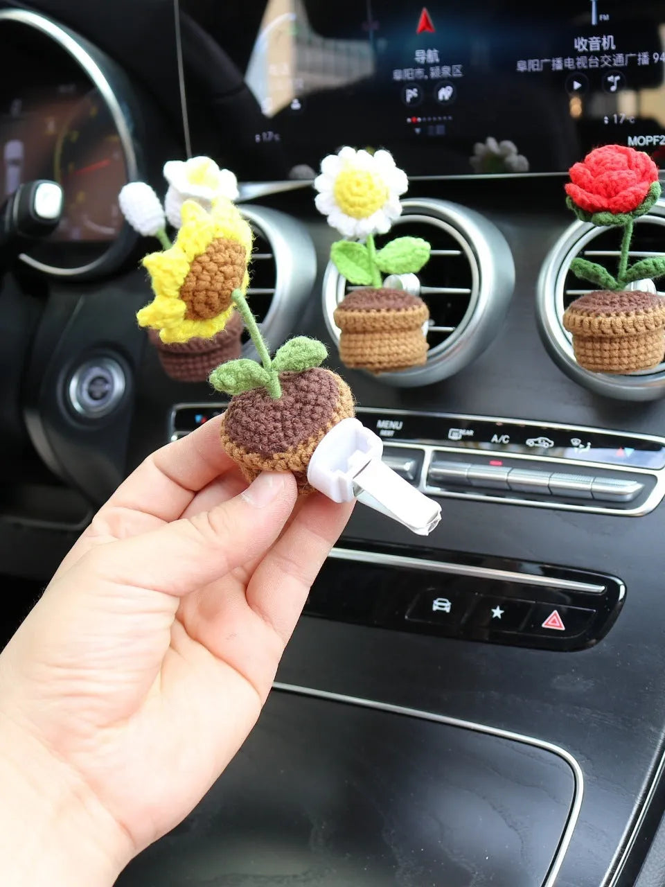 Wool car air vent aromatherapy clip with potted plant floral design in multiple colour options