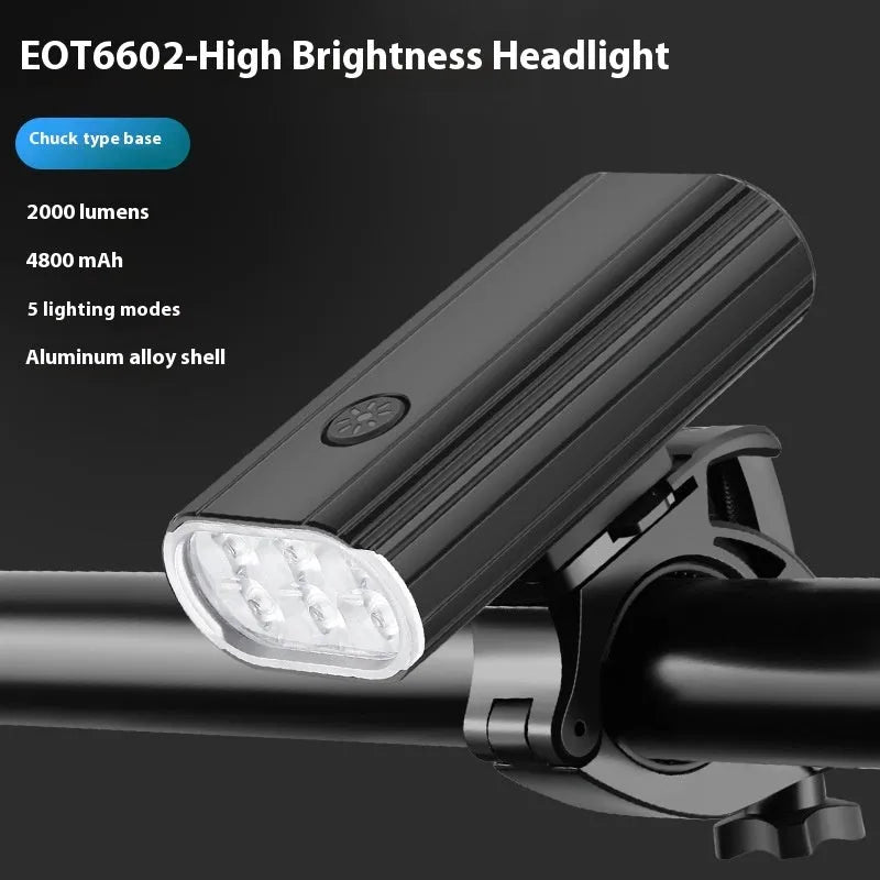 Aluminium alloy bicycle headlight showing six XPT lamp beads, USB Type-C port, and quick release mounting bracket