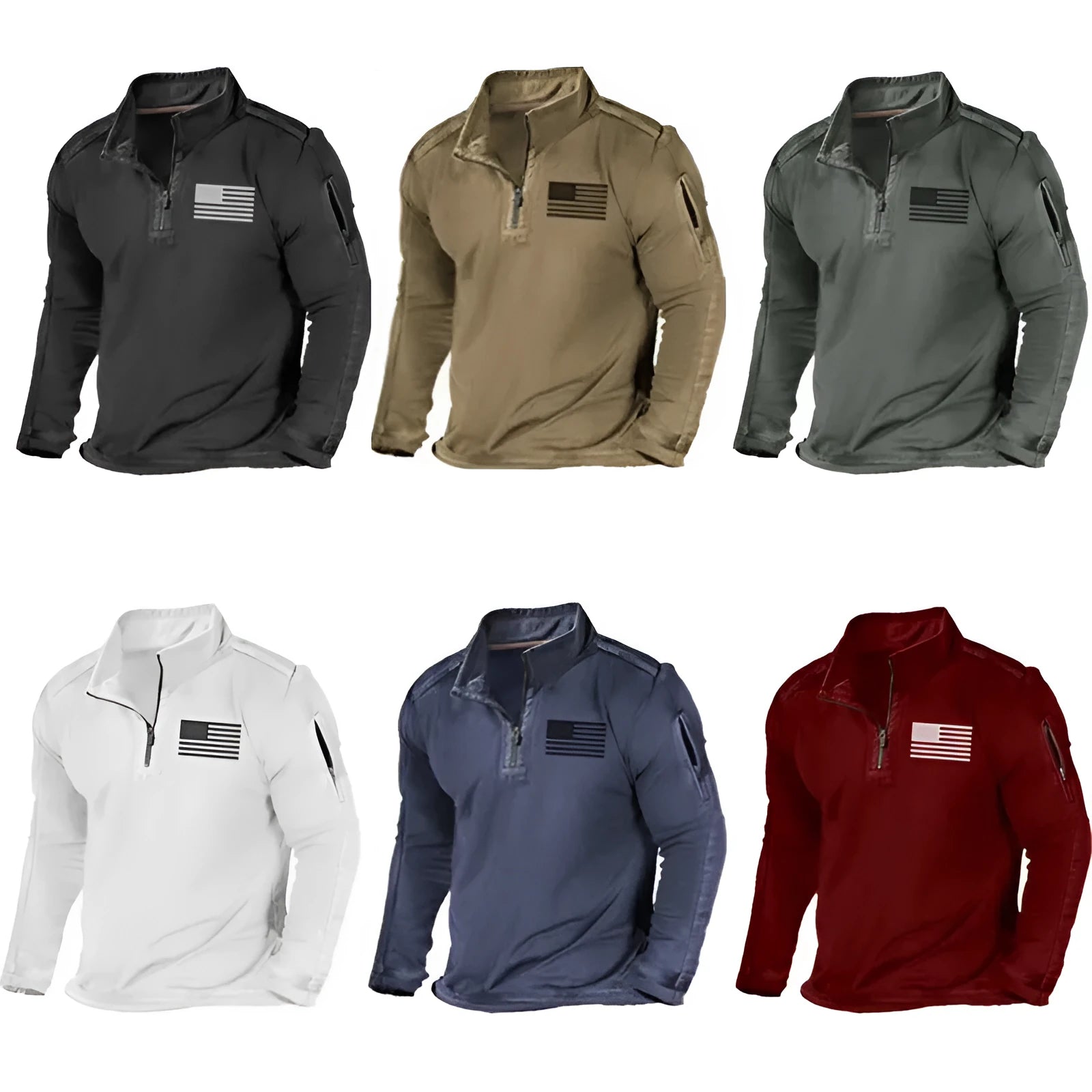 Men's grey zip collar long sleeve pullover sweater on a model.