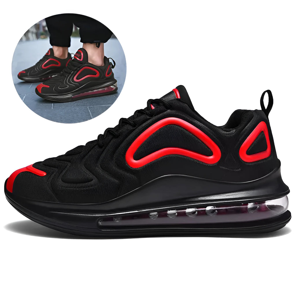 Men's black lace-up sneakers with a thick sole and round toe for outdoor sports.