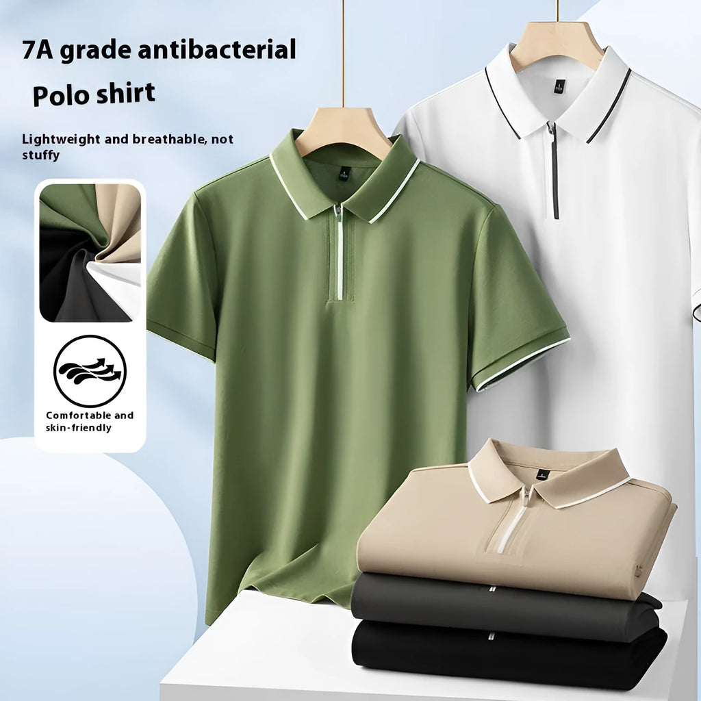 Men's solid colour short sleeve polo shirt with a front zipper, shown in graphite grey.