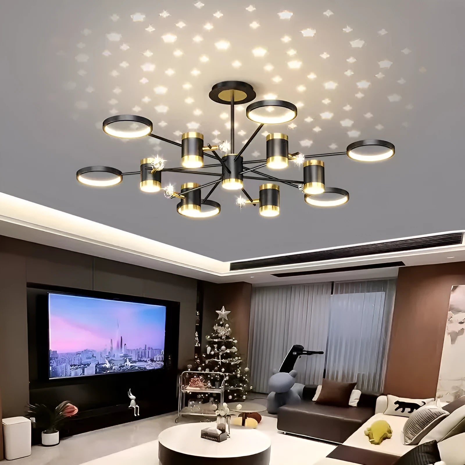 Black iron pendant lamp chandelier with 13-light Nordic star design and remote control