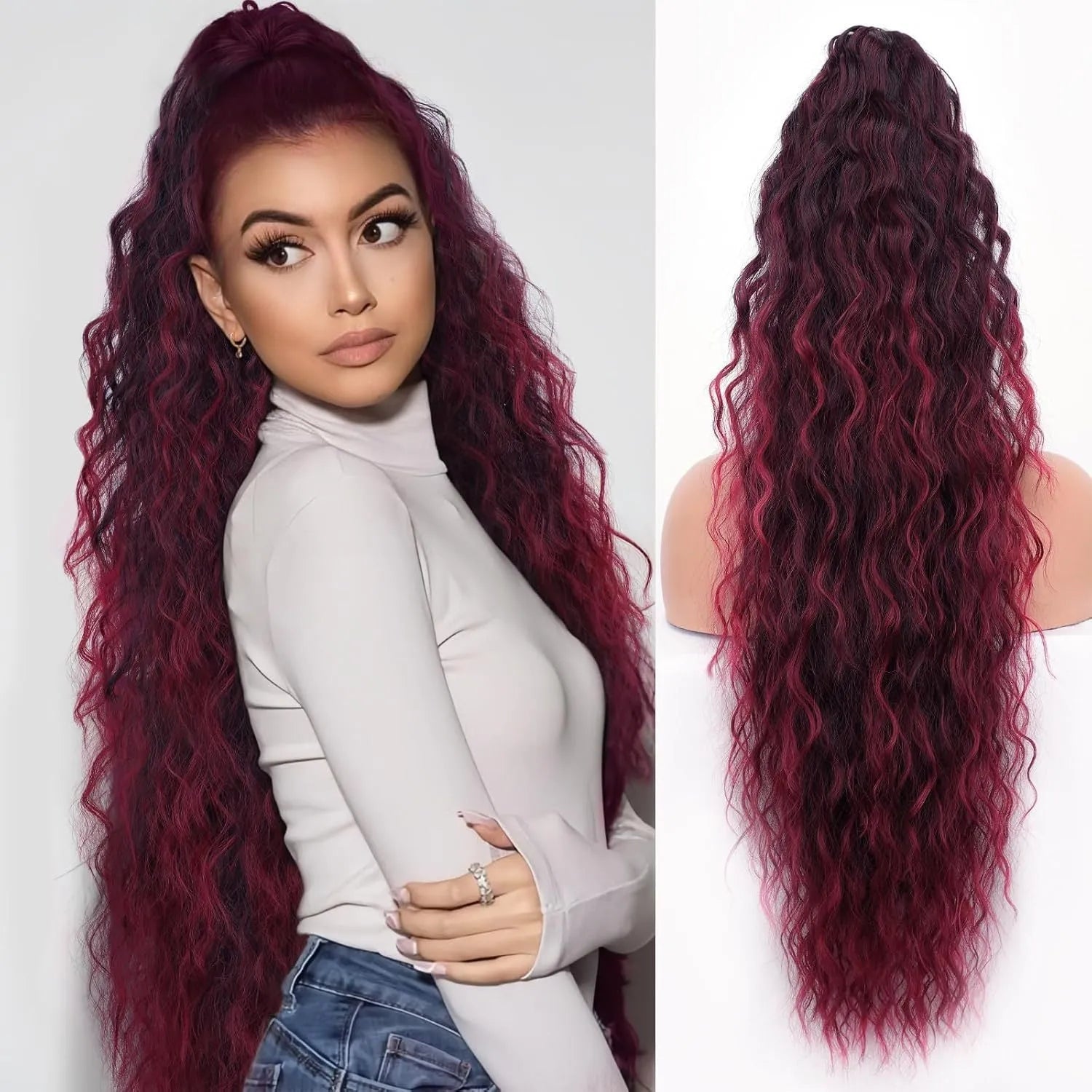 Long 30-inch curly ponytail wig in high temperature fibre for costume and cosplay.