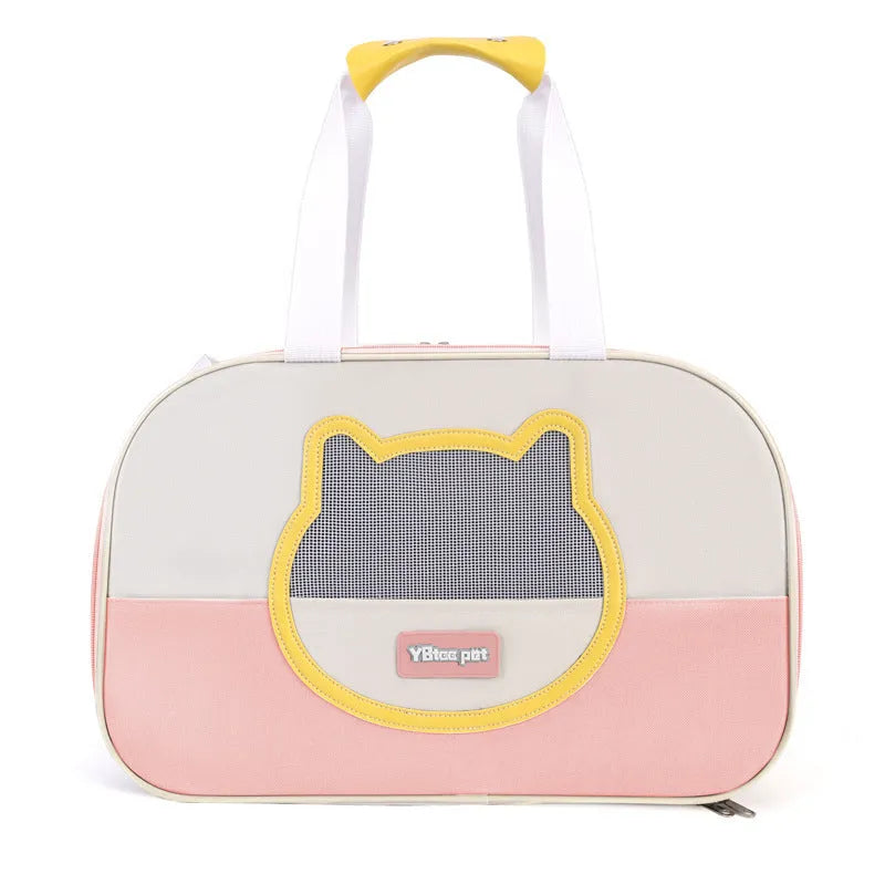 Blue foldable cat backpack made from Oxford cloth with contrast colour pattern and shoulder straps