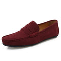 Men's solid colour suede slip-on loafers with round toe and flat rubber sole