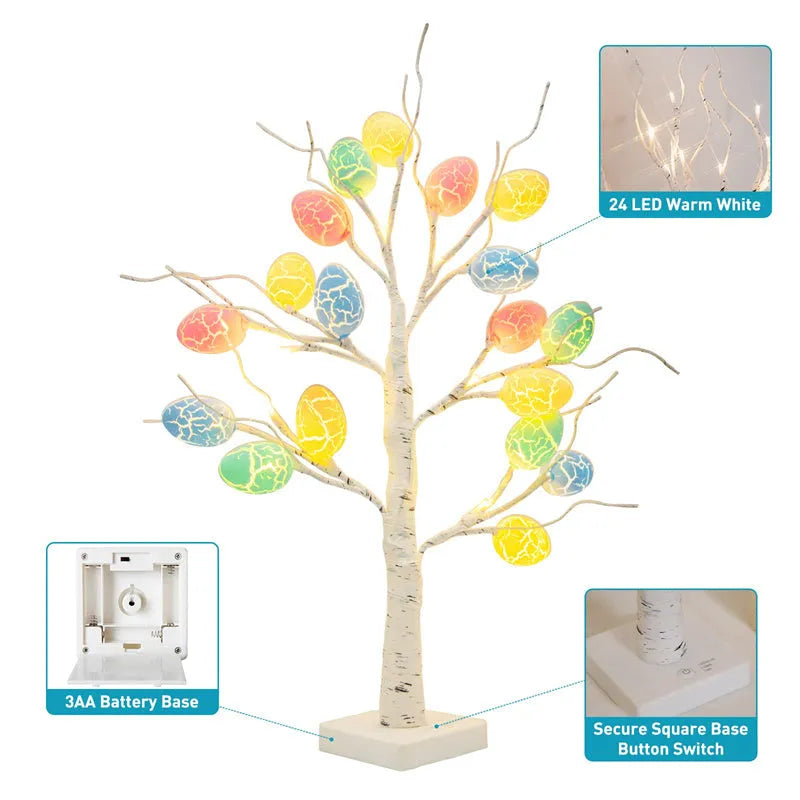 White plastic birch tree Easter decoration with warm white LED lights and hanging coloured eggs on adjustable branches.