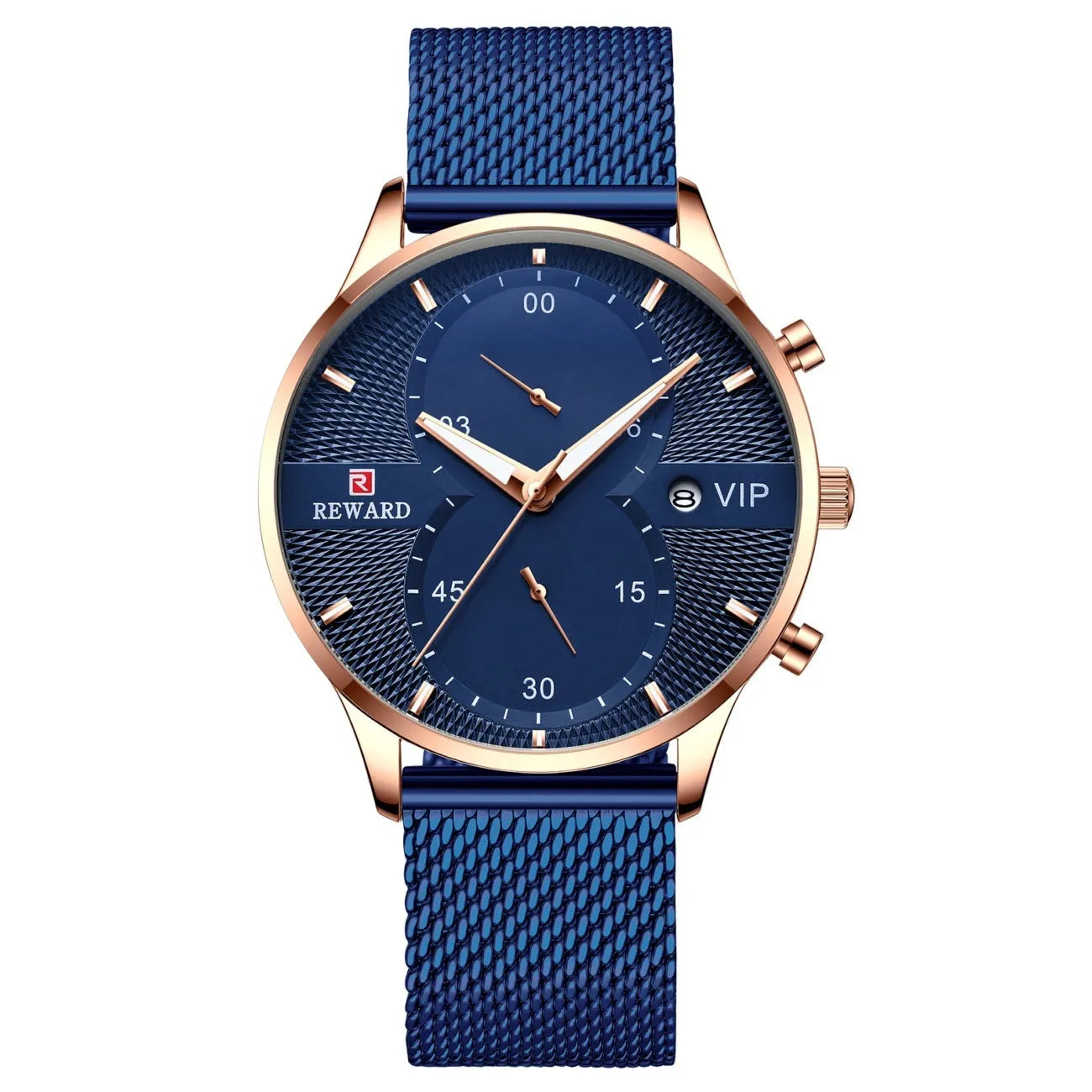 Men's waterproof quartz business watch with 45mm round dial, stainless steel strap, and calendar display on a white background