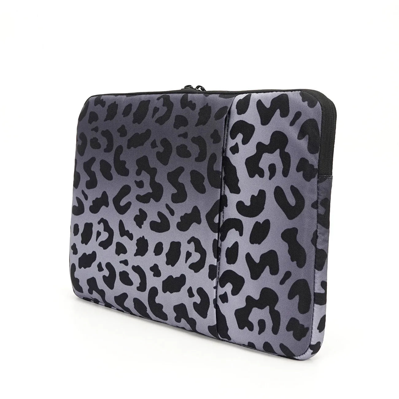 Leopard print laptop sleeve for 13-inch to 16-inch devices, showing anti-shock and waterproof features
