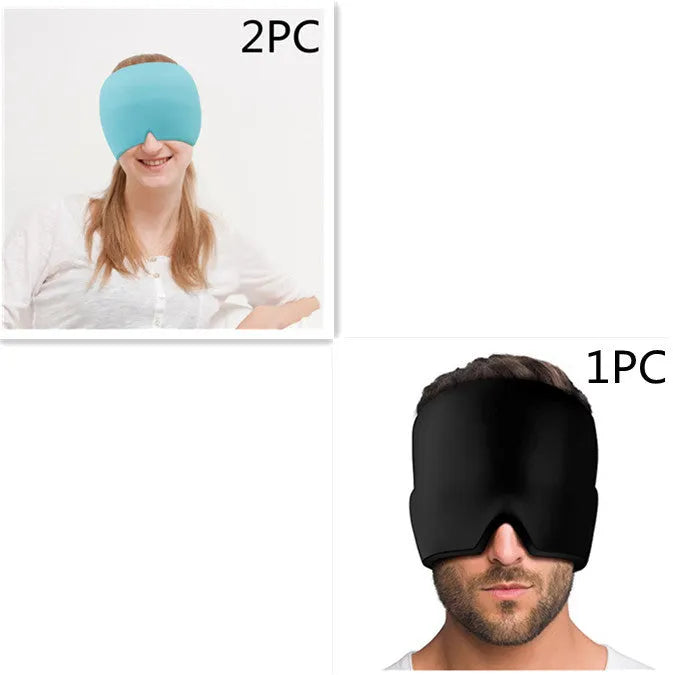 Black elastic cloth cooling gel eye mask for headache relief showing adjustable fit