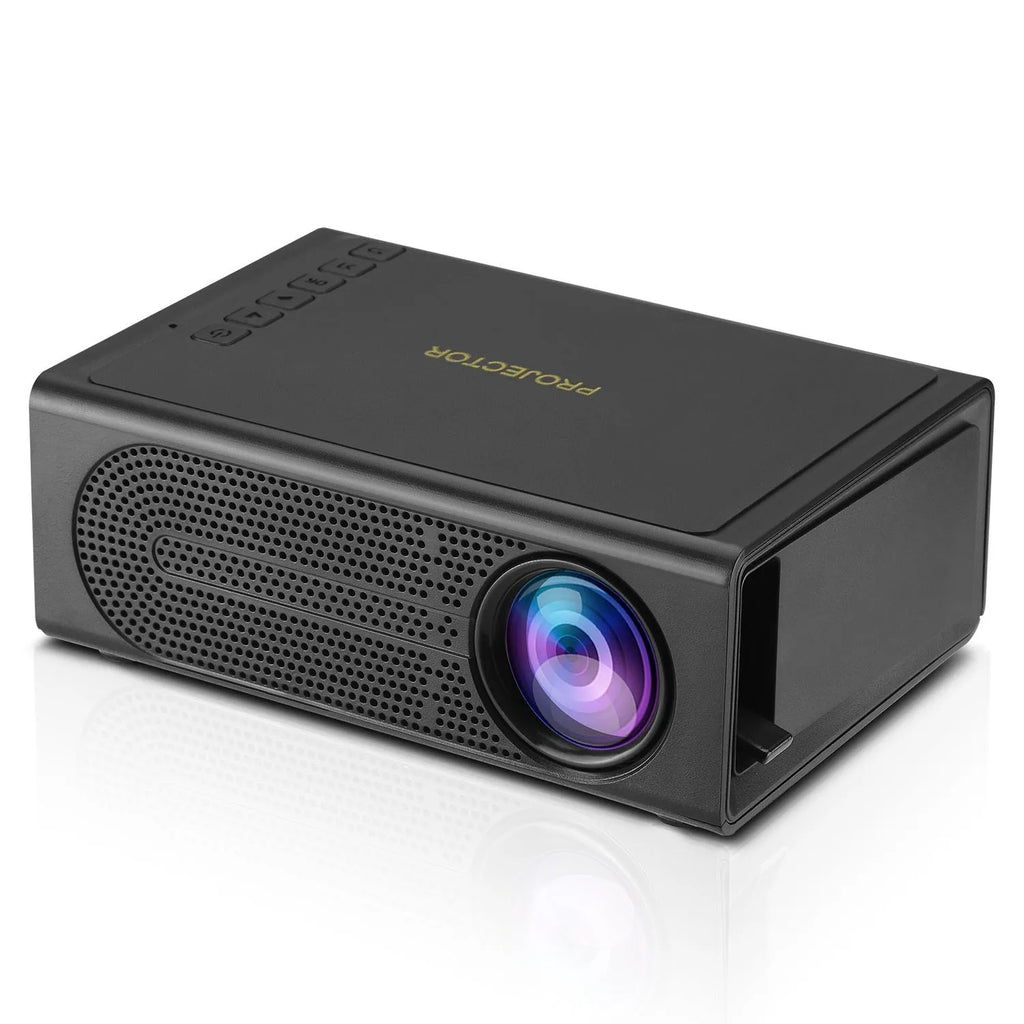 Black or white portable mini projector with wired mobile phone connection and international power compatibility