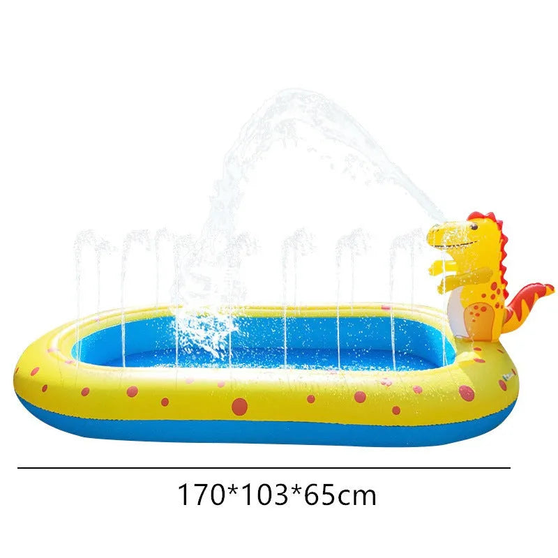 Blue dinosaur inflatable water spray pool measuring 170cm long with water play features
