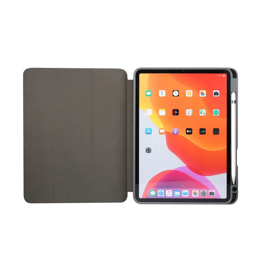 Tri-fold marbling design iPad case in dark grey with a visible pen slot on the side.