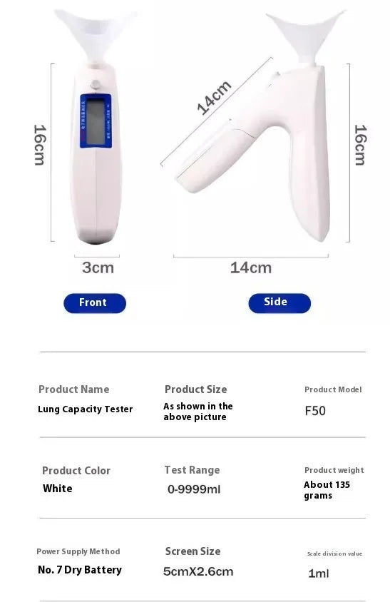 Handheld white spirometer tester with LCD screen and blowing nozzle for lung capacity measurement