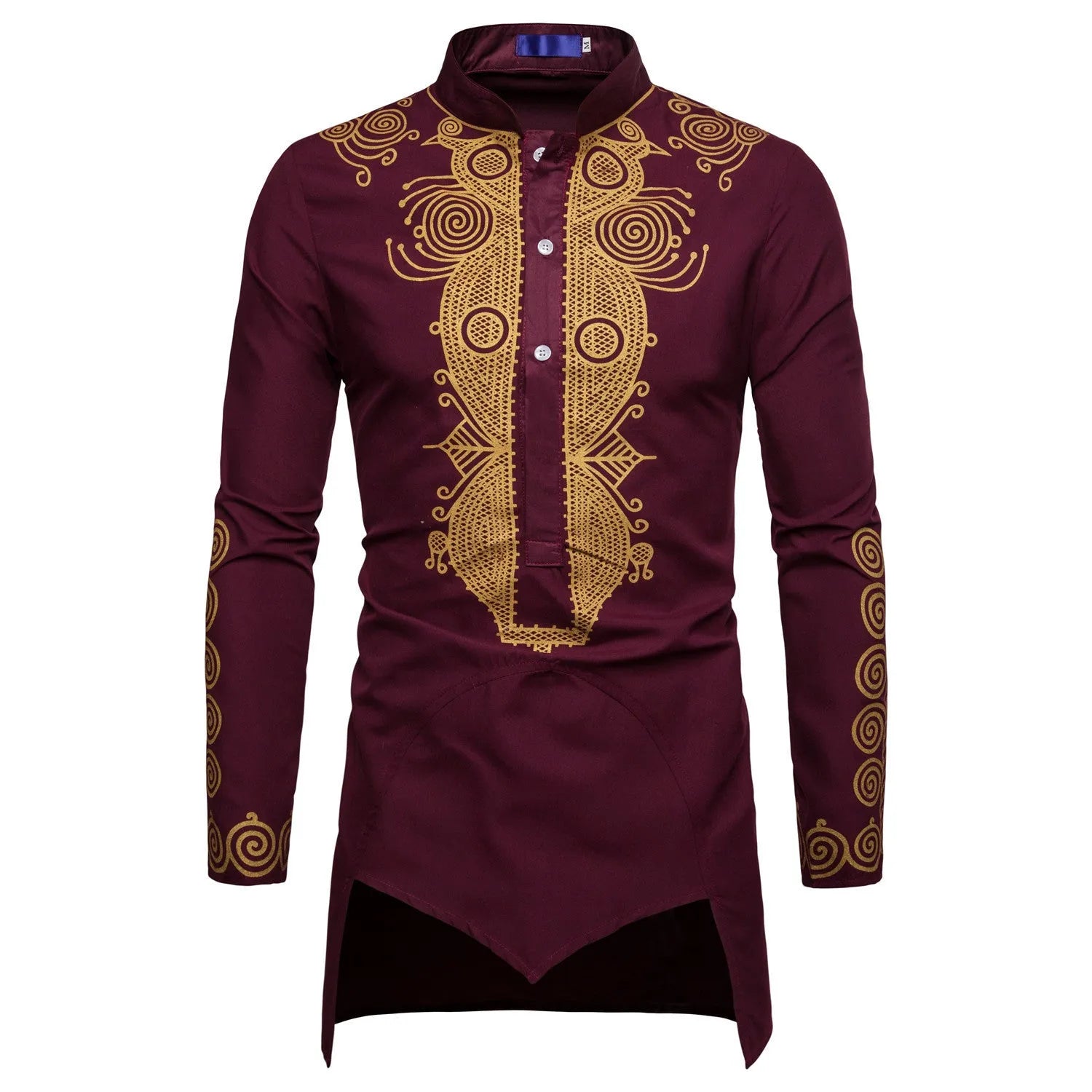 Men's African print long pullover hoodie in white with bronzing pattern, stand-up collar, and long sleeves