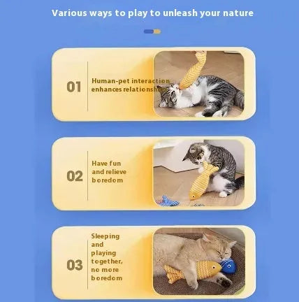 Catnip fish cat toy in yellow, red, or blue colour options for feline boredom relief