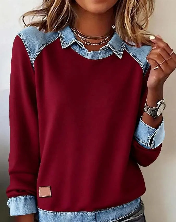 Denim collar long sleeve pullover patchwork knitwear top in solid colour street fashion style, polyester fibre, multiple colour options