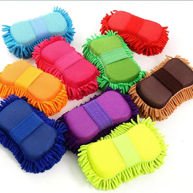 Silver green chenille microfiber car wash sponge measuring 14x25cm with spiral wool texture