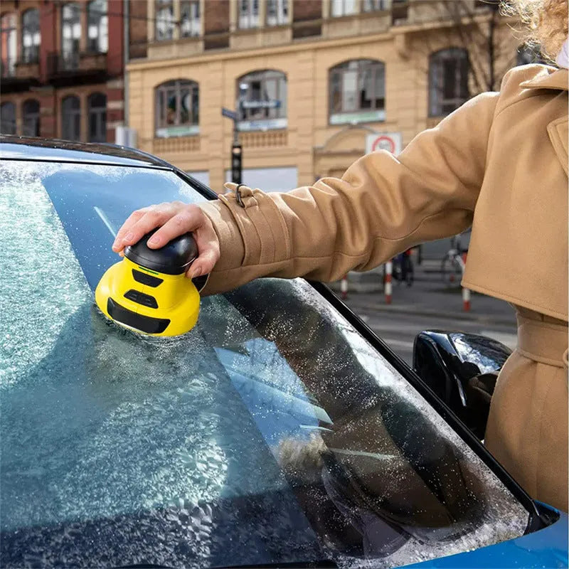 Yellow cordless electric car snow scraper with funnel shape and USB charging cable