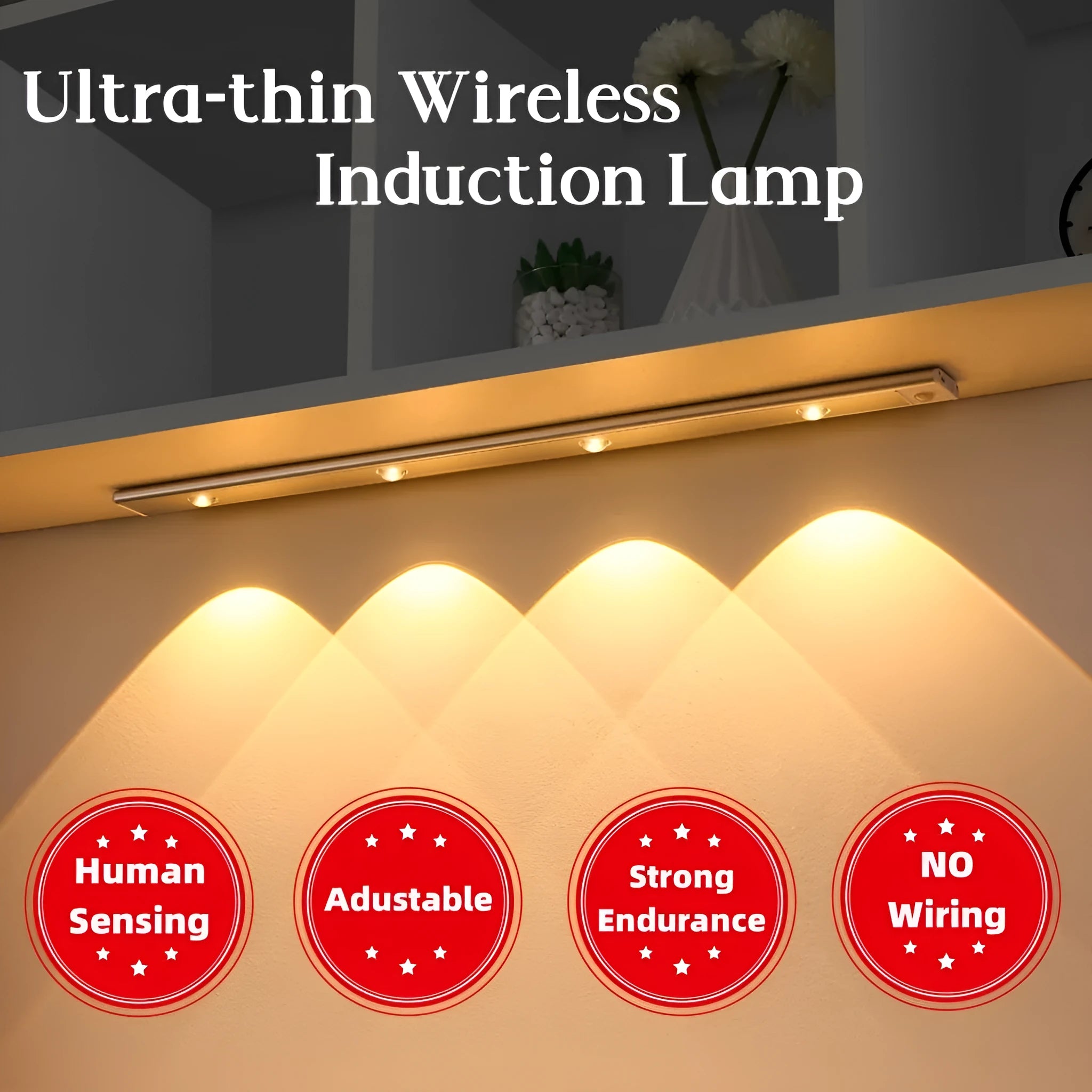 Silver ultra-thin USB rechargeable LED light strip with motion sensor for cabinet mounting.