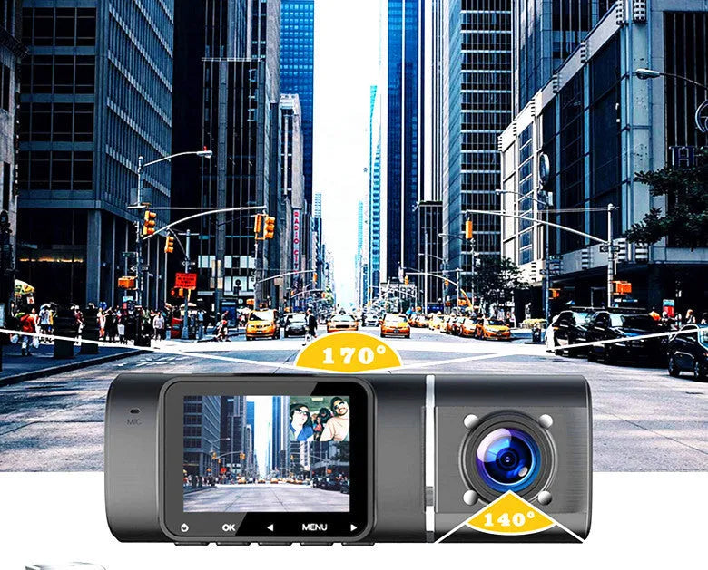 Black dual-channel dash cam with 1.5-inch screen mounted on car windscreen, showing front and rear view.