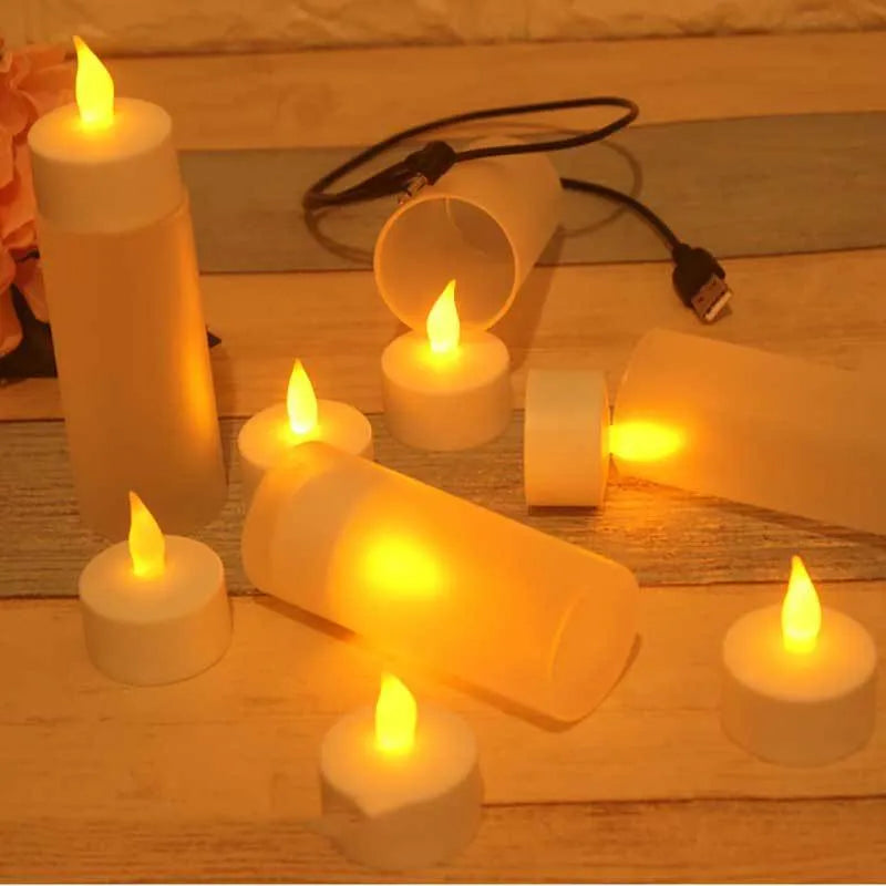 White plastic USB rechargeable LED candle lamp showing yellow glowing flame.