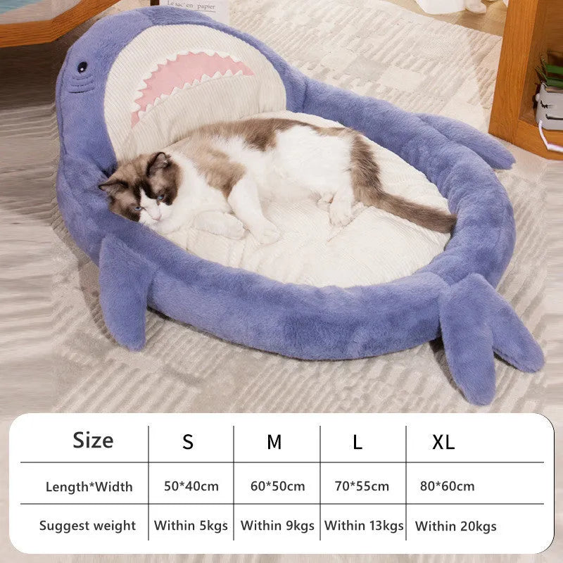 Blue shark pattern velvet pet bed cushion with PP cotton filling on wooden floor