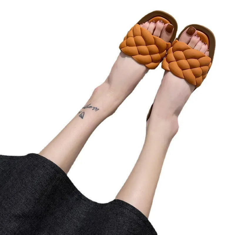 Women's plaid pattern beach sandals with thick PVC anti-slip sole in green colour.