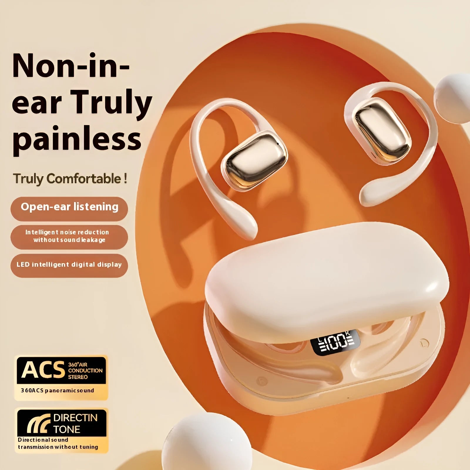 Wireless ear-mounted headphones with digital display screen shown in black, white, and skin colour options.